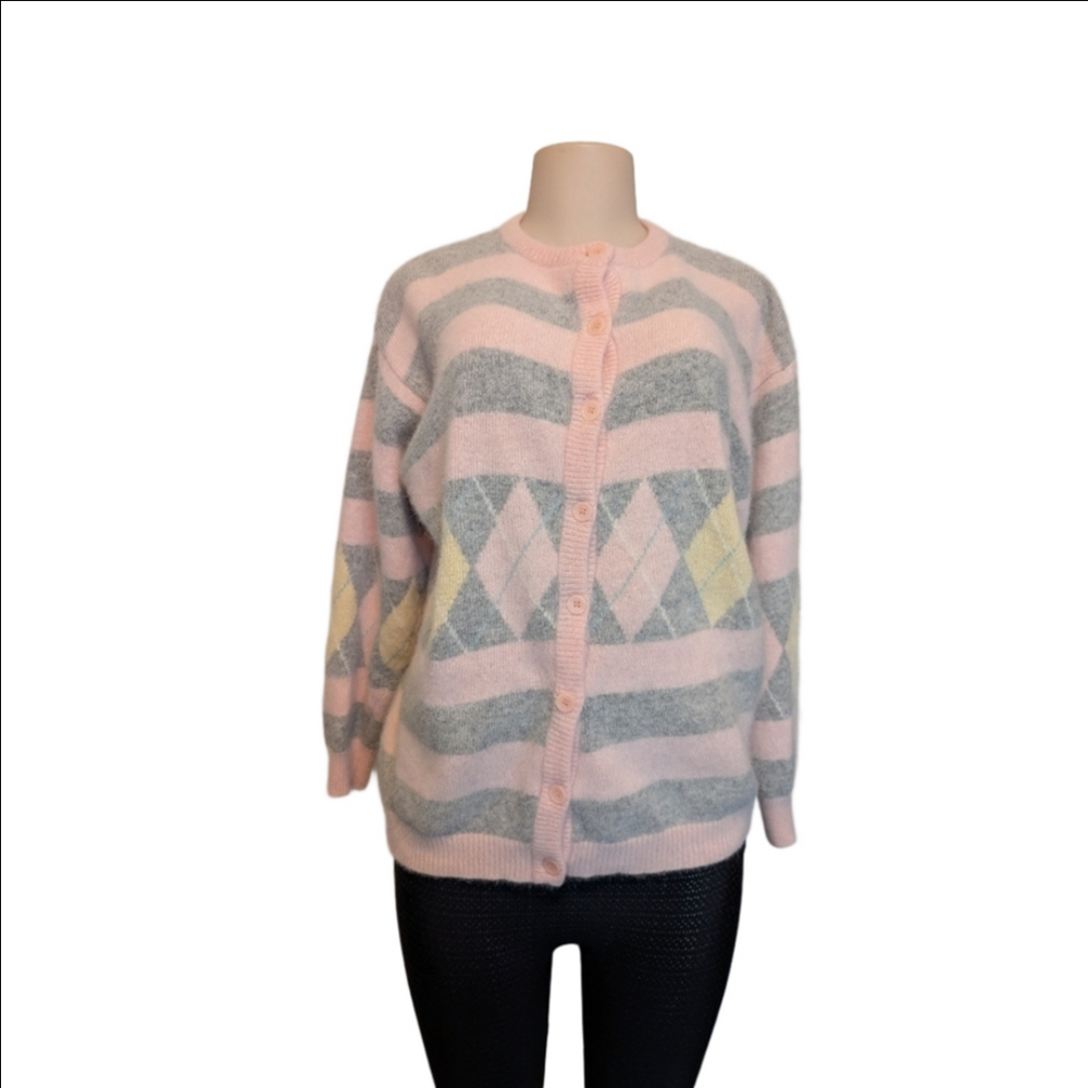 Silvercord Pink/Gray Argyle Sweater Wool/ Angora Rabbit Hair Size Large …